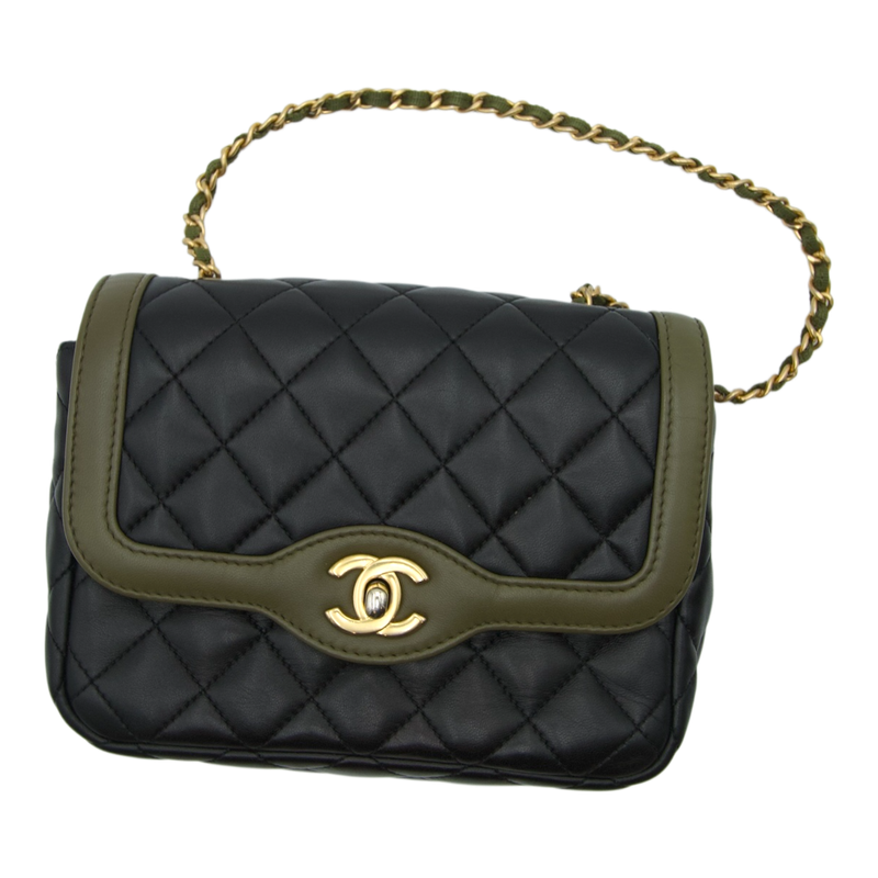 Chanel Quilted Black Leather with Olive Green Trim flap Shoulder bag