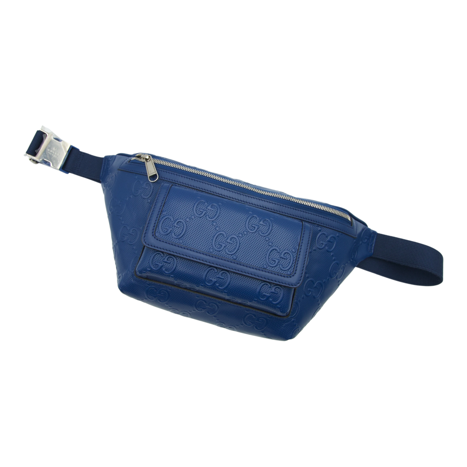 Gucci Calfskin GG Tennis Embossed Pocket Belt Bag 90 Intense Metal Blue