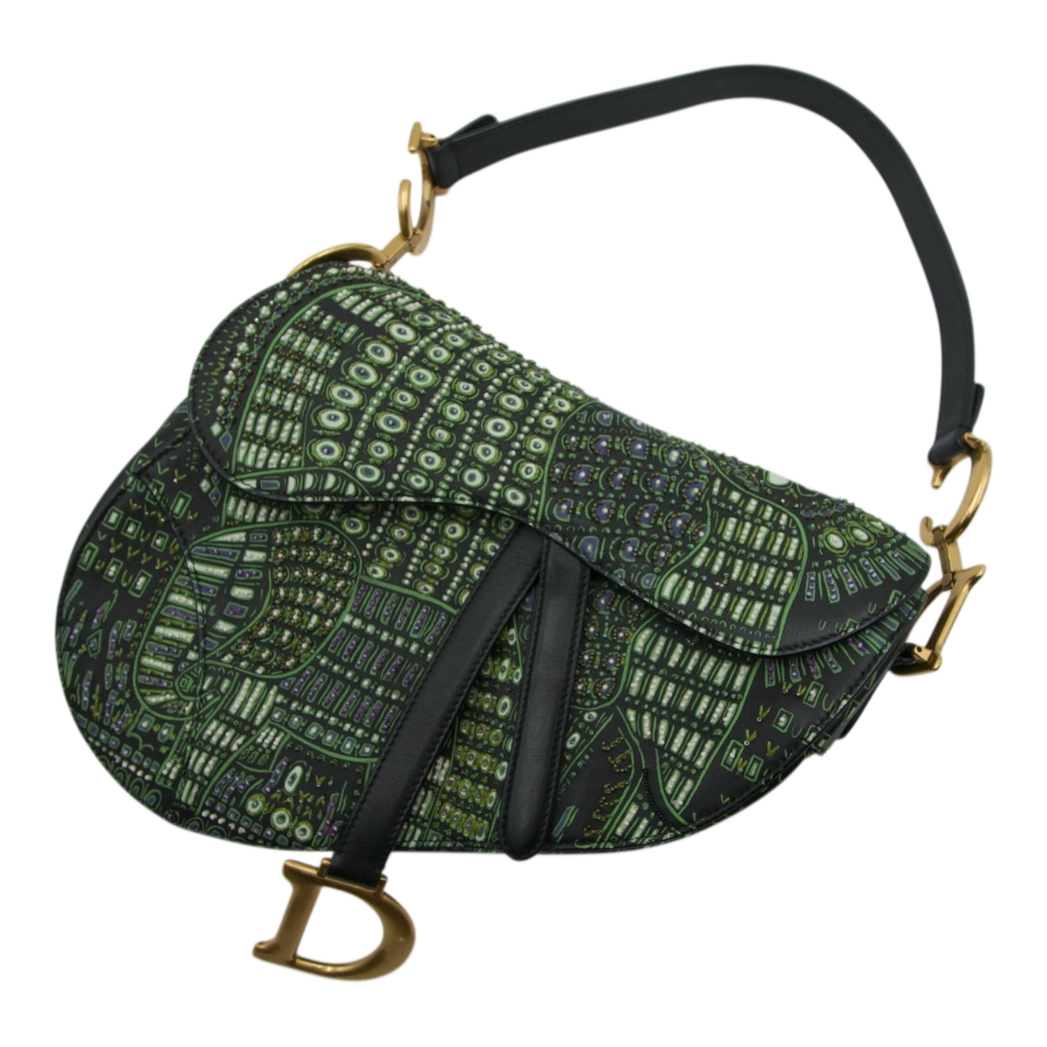 Dior Saddle Bag Green Embroidered Canvas