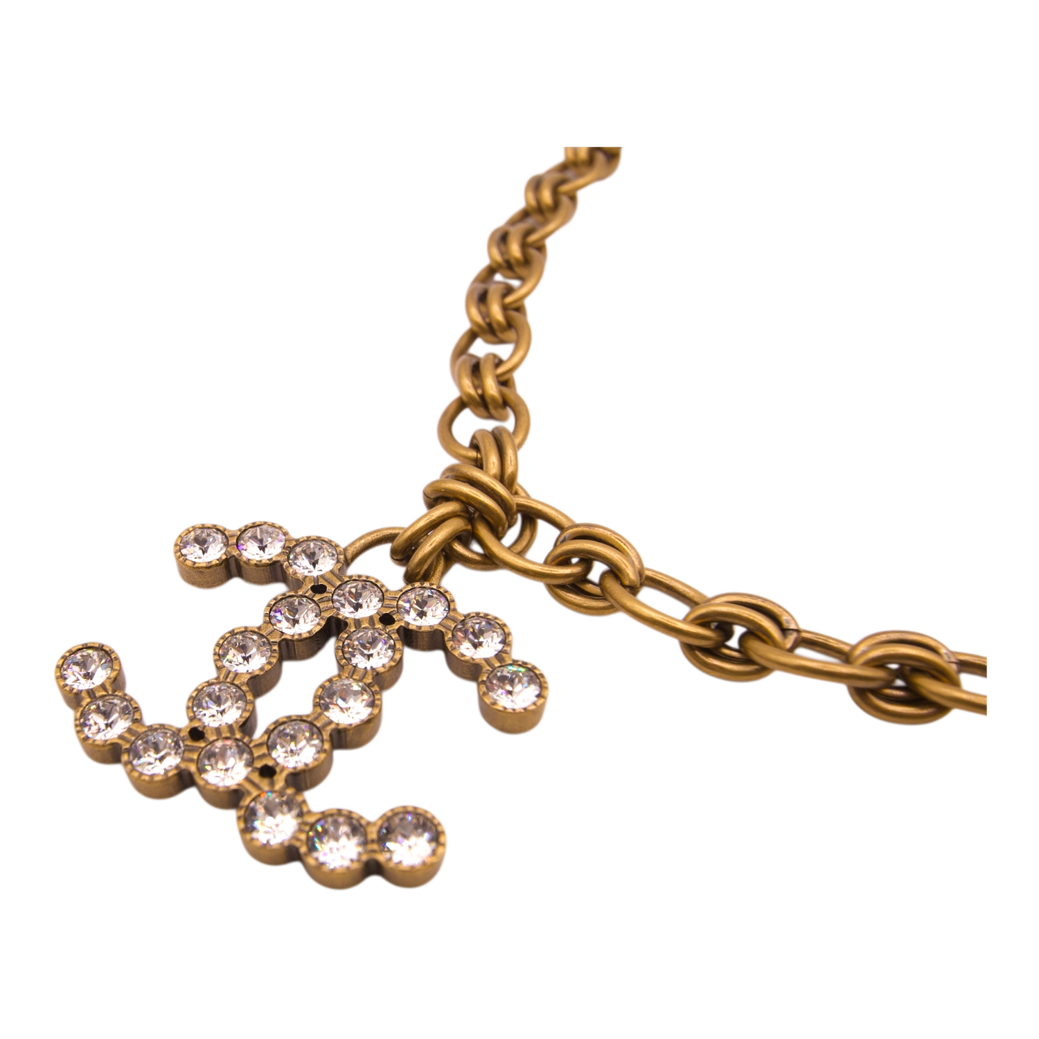 Chanel Antique Gold Tone Crystal CC Pendant Necklace