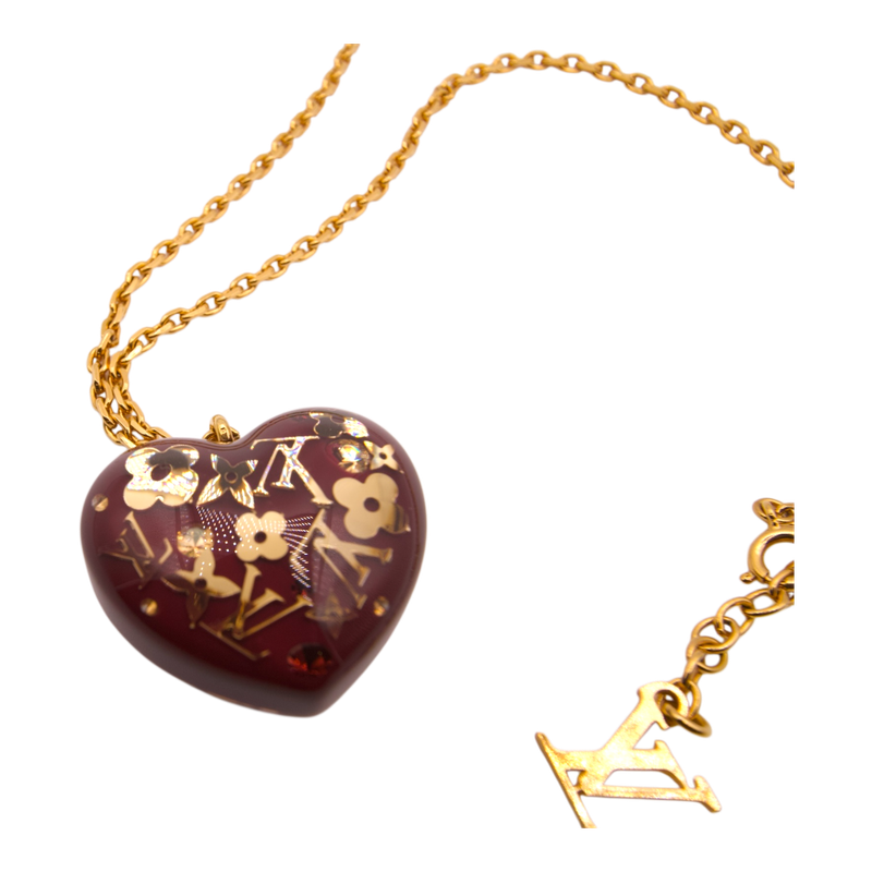 Louis Vuitton gold &amp; burgundy monogram heart necklace