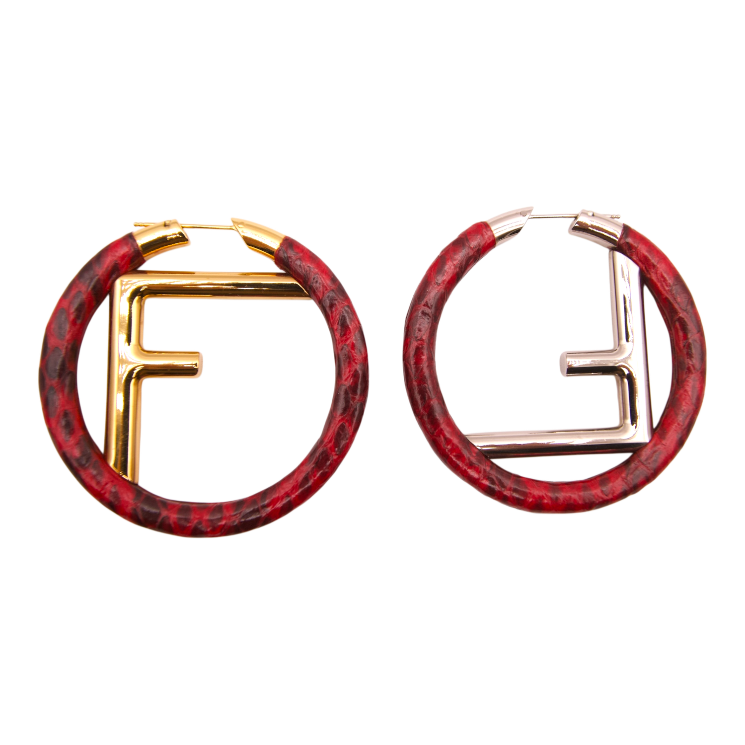 Fendi red leather-wrapped FF hoop earrings