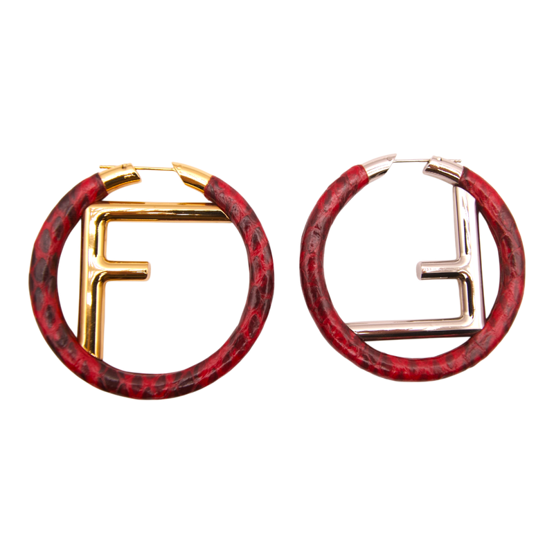 Fendi red leather-wrapped FF hoop earrings