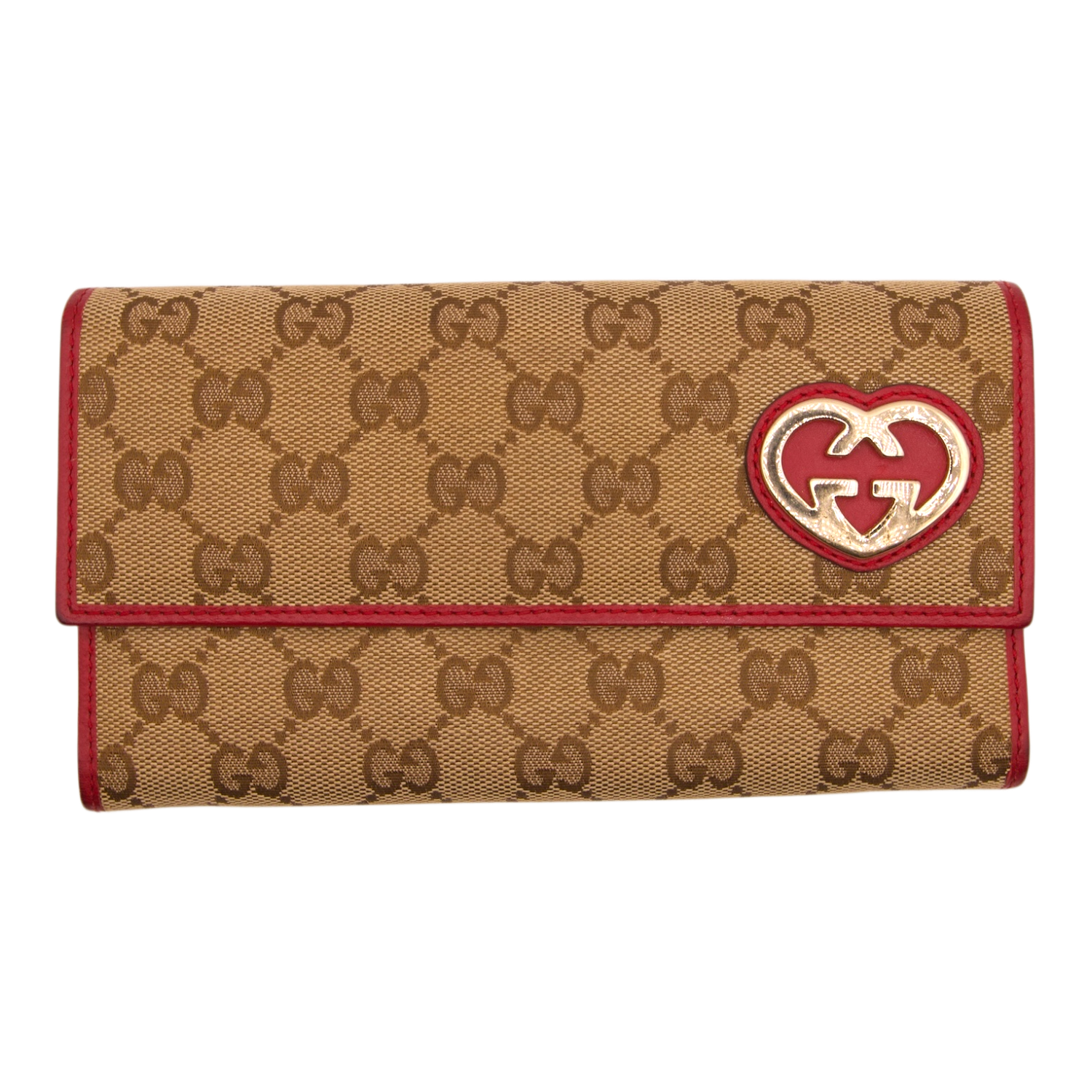 Gucci GG Long Wallet Red And Gold Heart Monogram Canvas