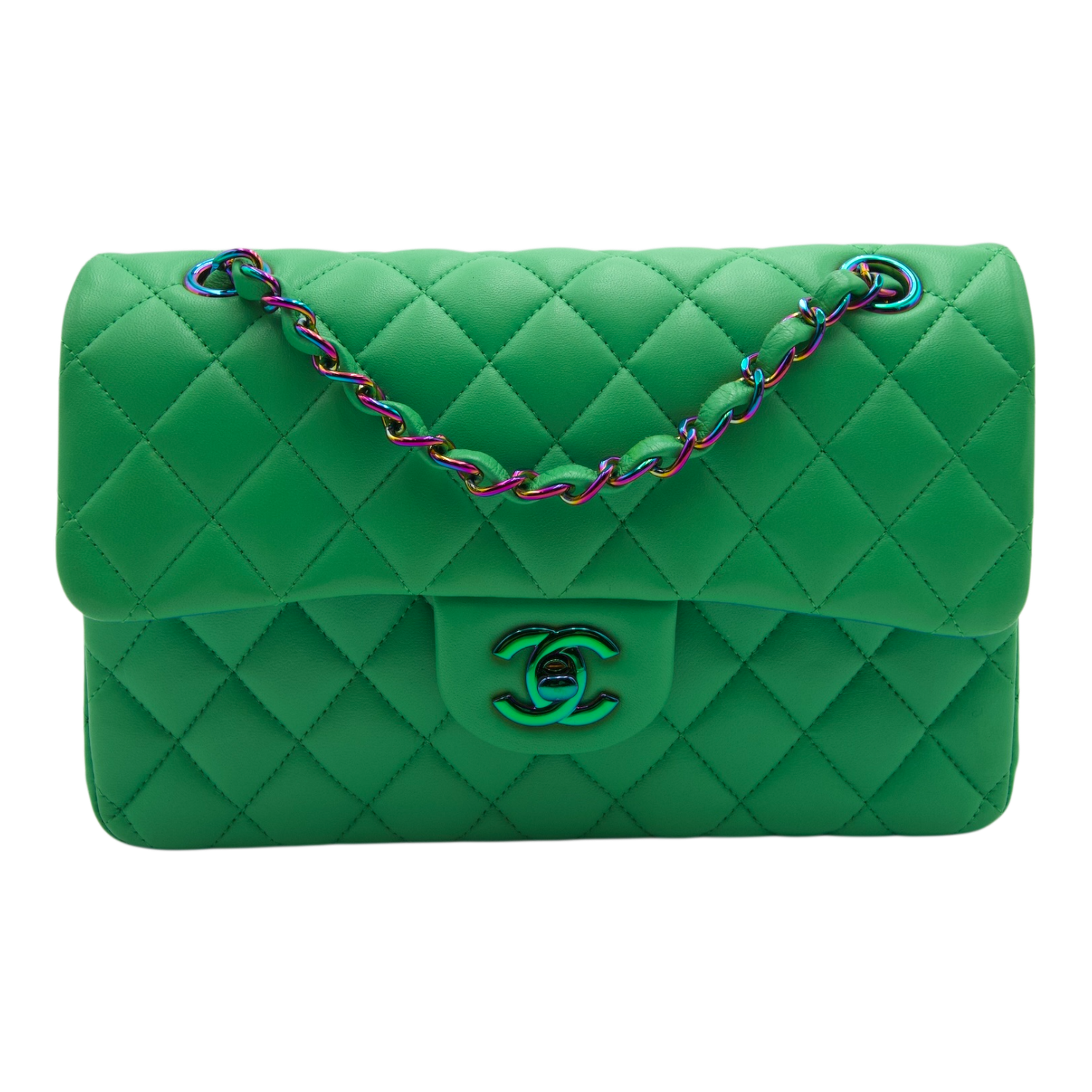 Chanel Double Flap Green Blue Lambskin  Iridescent Rainbow