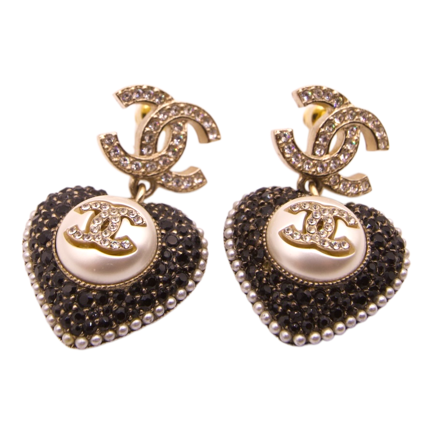 Chanel 22B CC Heart Drop Earrings Black Gold Pearl Crystal