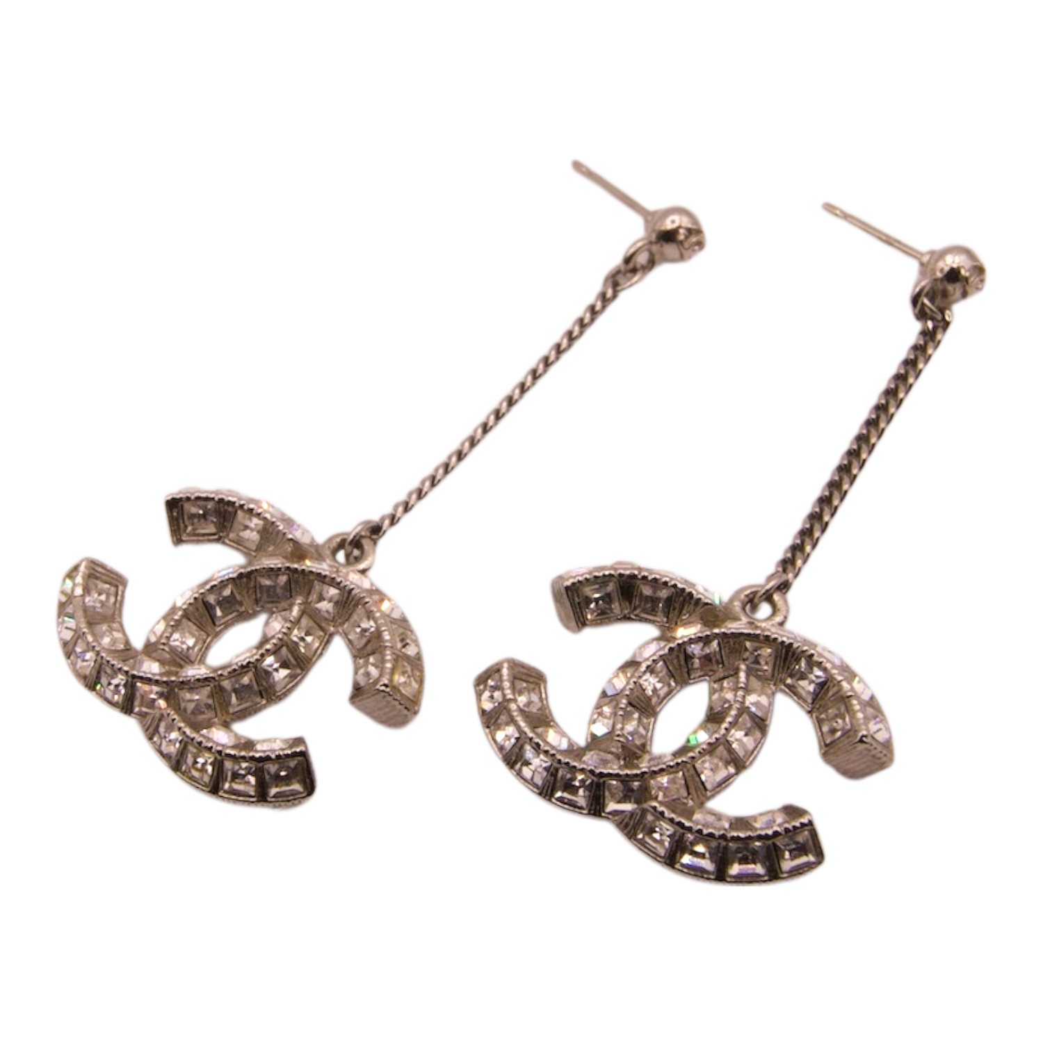 Chanel Crystal CC Drop Silver Tone Earrings