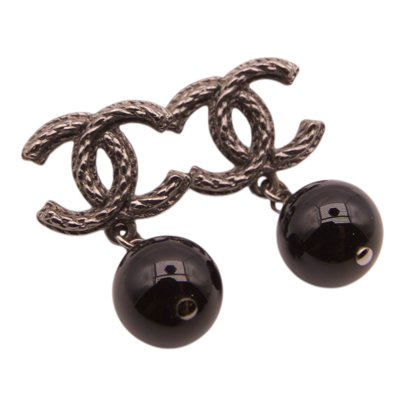 Chanel Stud Earrings w/Bdangle Sphere in Black Silver