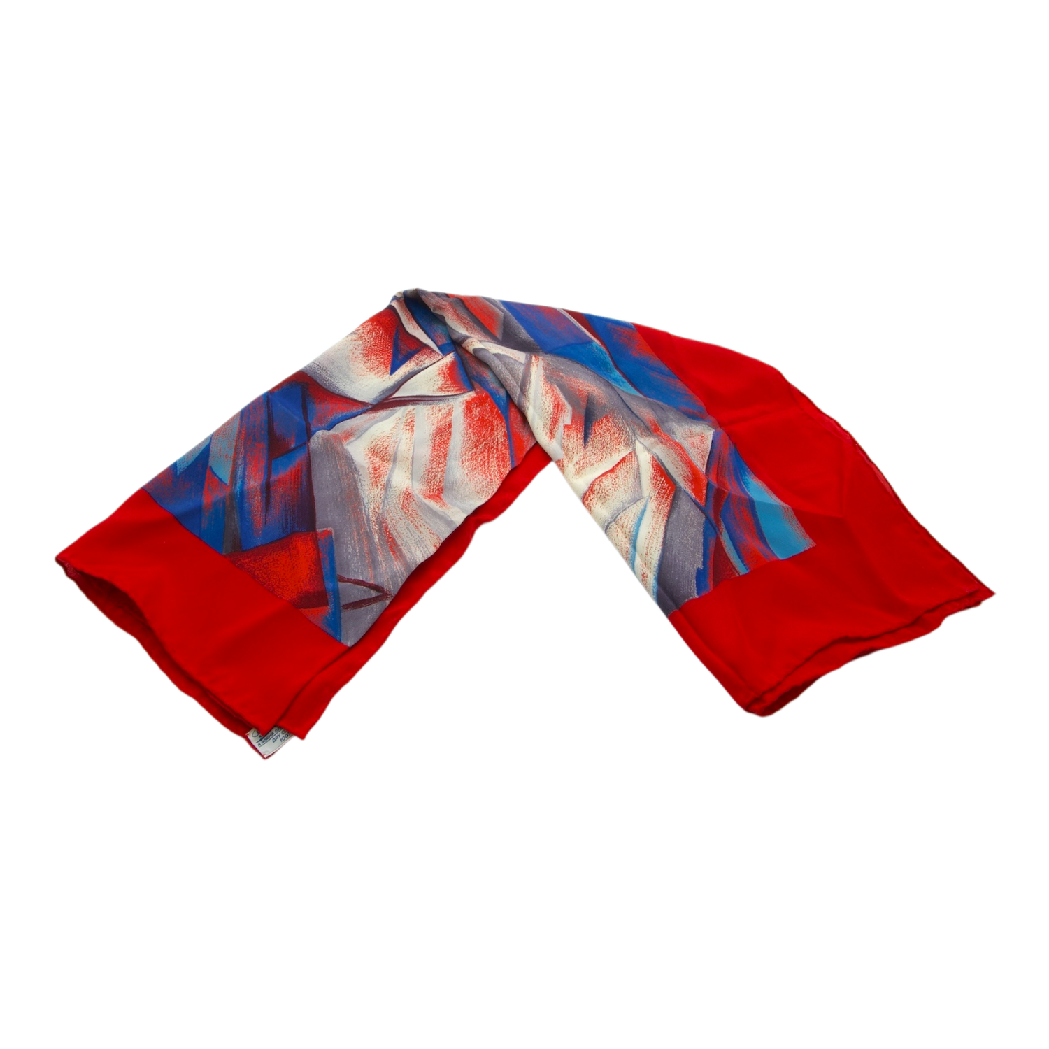 Hermès abstract print silk scarf in red, blue, and grey tones