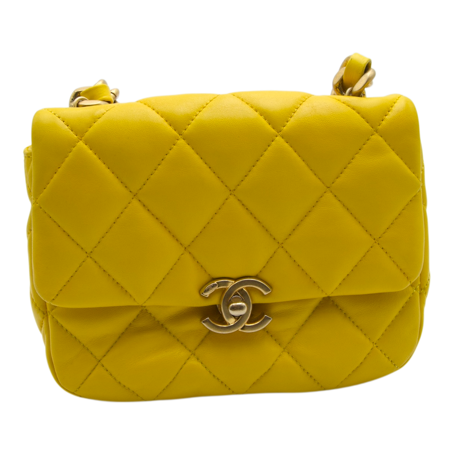 Chanel Quilted Puffer Bag with Tonal Chain, Yellow
