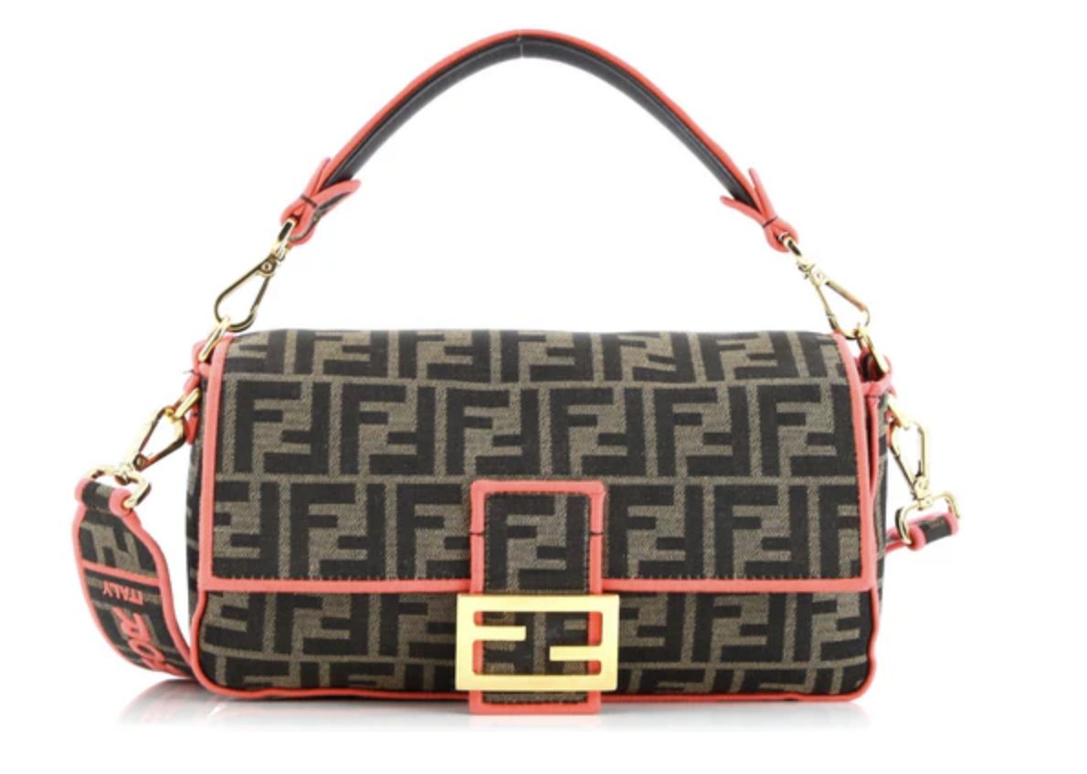 Fendi Medium Baguette Zucca Canvas With Pink Trim