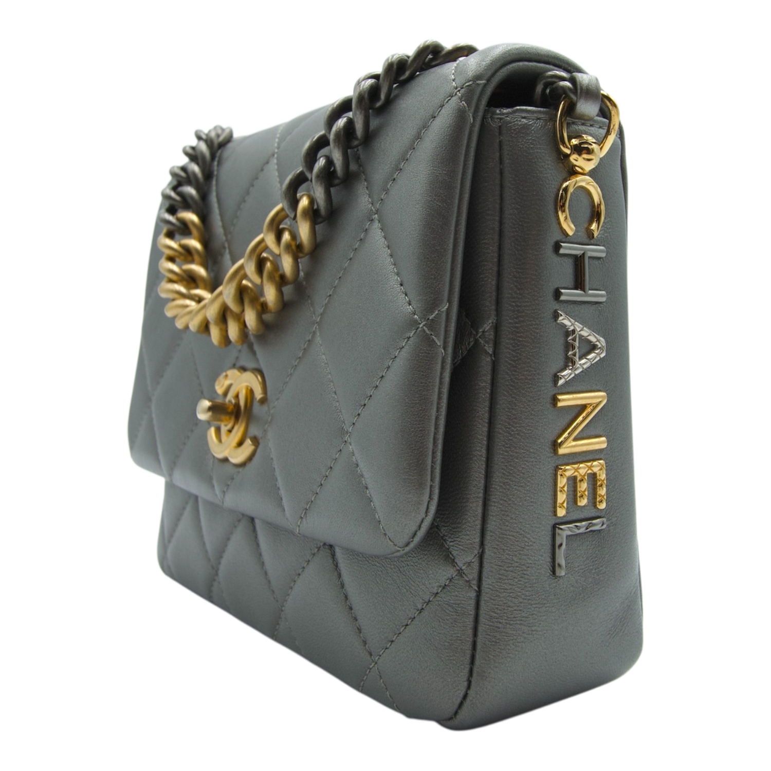 Chanel Side Note Single Flap Bag Grey Quilted Leather