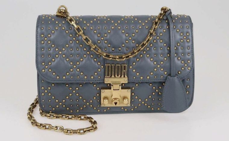 Dior Addict Studded Medium Flap Bag Blue Grey Leather