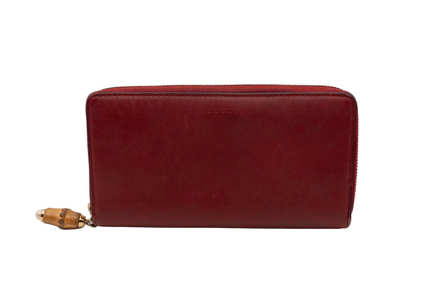 Gucci Red Leather Zip-Around Long Wallet Bamboo
