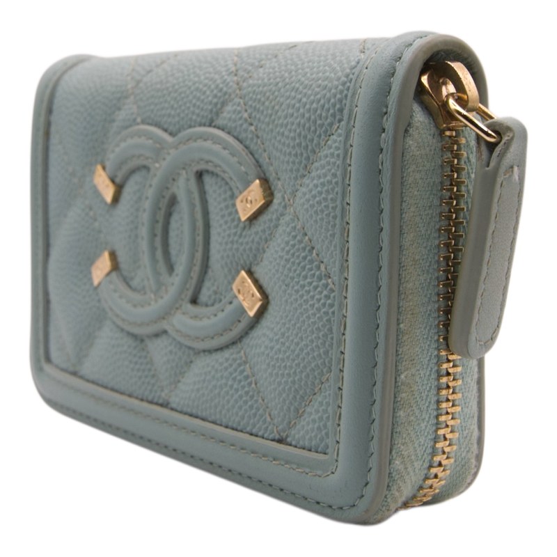 Chanel Filigree Dusty Teal Caviar Quilted Zip Wallet