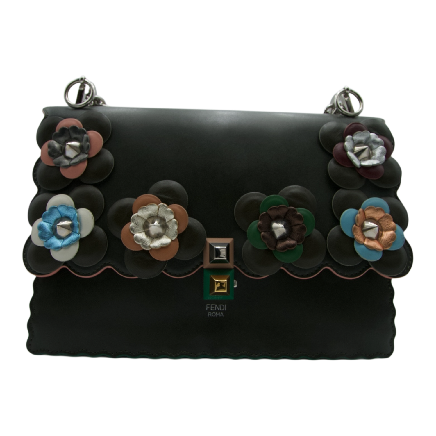 Fendi  Flowerland Kan Green Leather Shoulder Bag