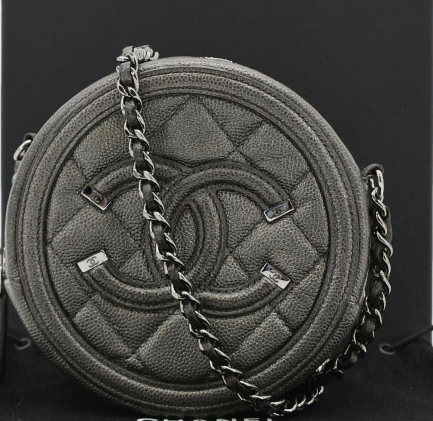 Chanel Round Filigree Caviar Metallic Crossbody Grey