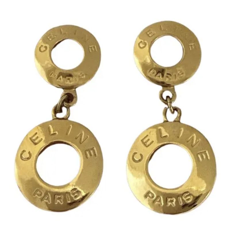 Celine Vintage Two Circle Clip-On Drop Dangle Earring Gold