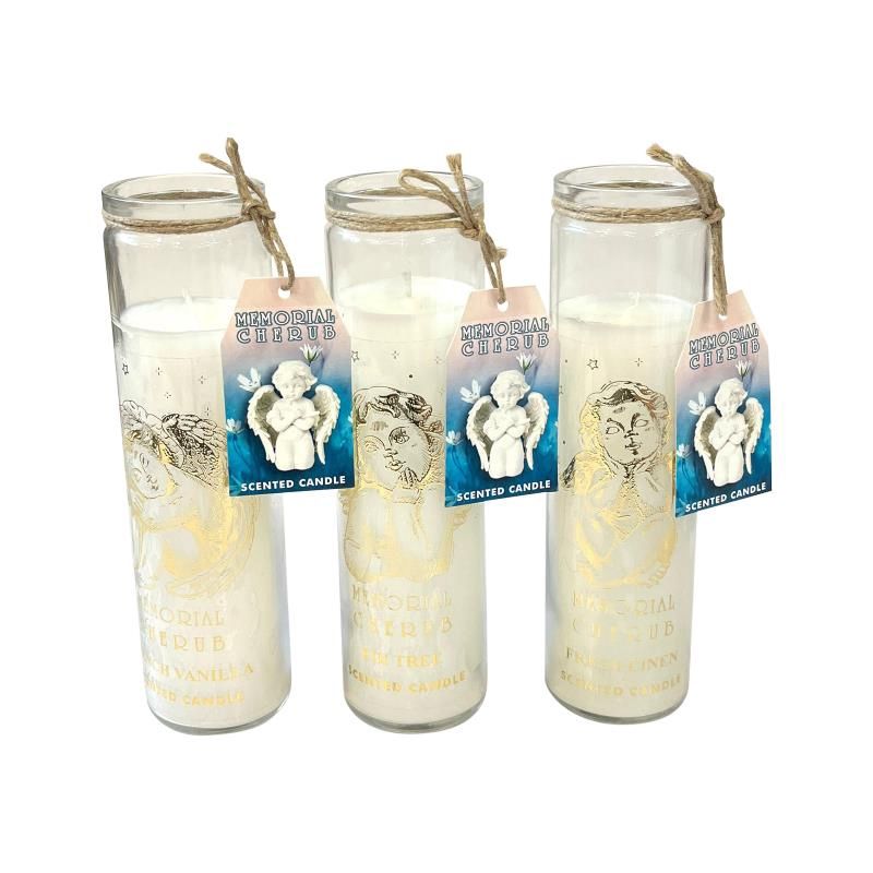 21CM PILLAR CANDLE W/MEMORIAL CHERRUB DE