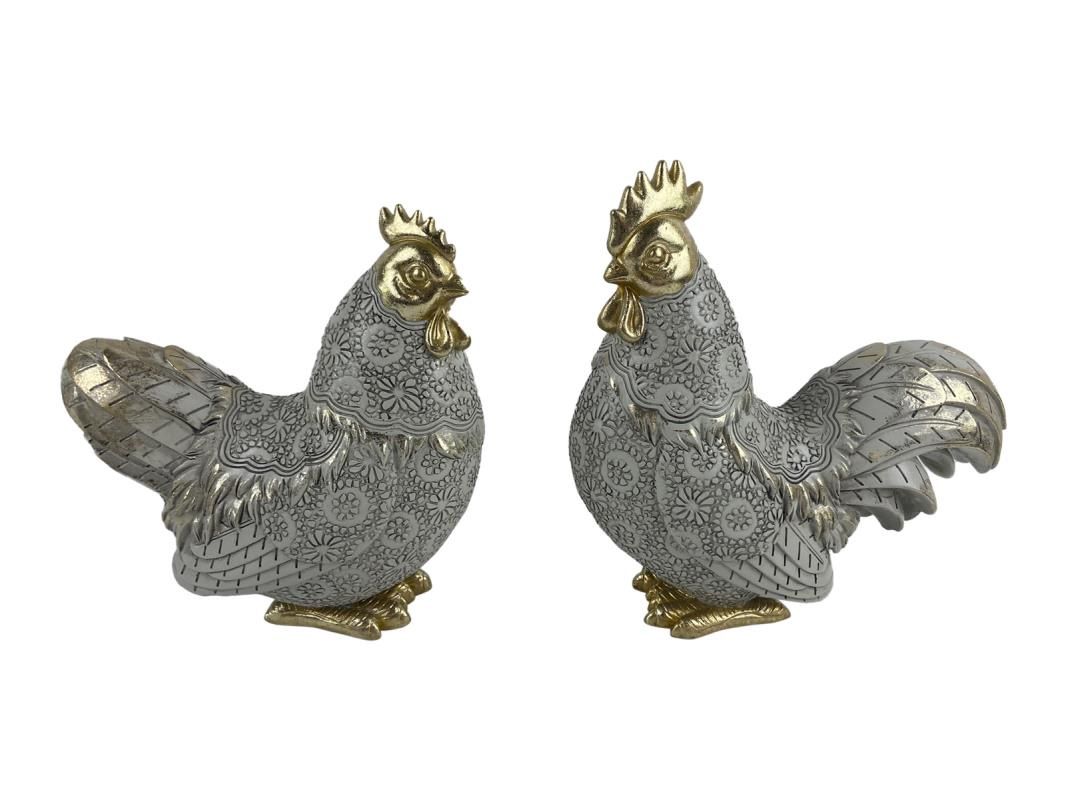 20cm Hen/Rooster in Gold/White Finish 2A