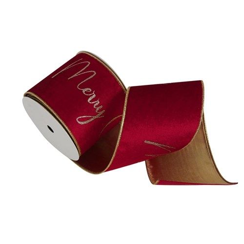 10CM X 10M RED VELVET RIBBON W/GLITTER MERRY CHRISTMAS &amp; WIRE EDGE