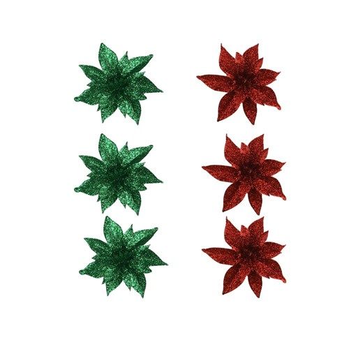 2A 3PK 8CM GLITTER FLOWER GREEN &amp; RED