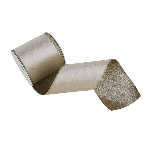 10CM X 10M CHAMPAGNE VELVET RIBBON W/CHAMPAGNE UNDERLAY &amp; WIRE EDGE