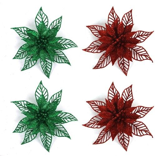 2A 2PK 15CM GLITTER FLOWER GREEN &amp; RED