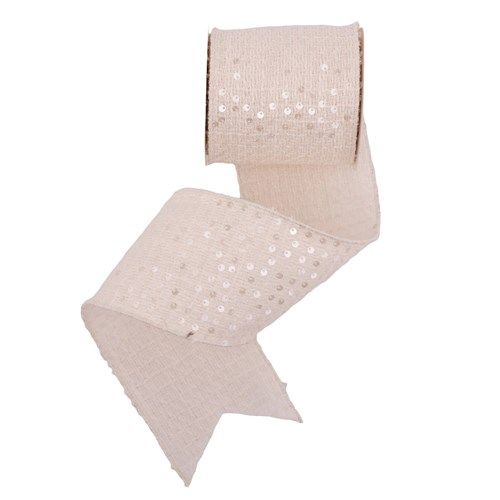 10CM X 10M IVORY RIBBON W/SEQUIN &amp; WIRE EDGE