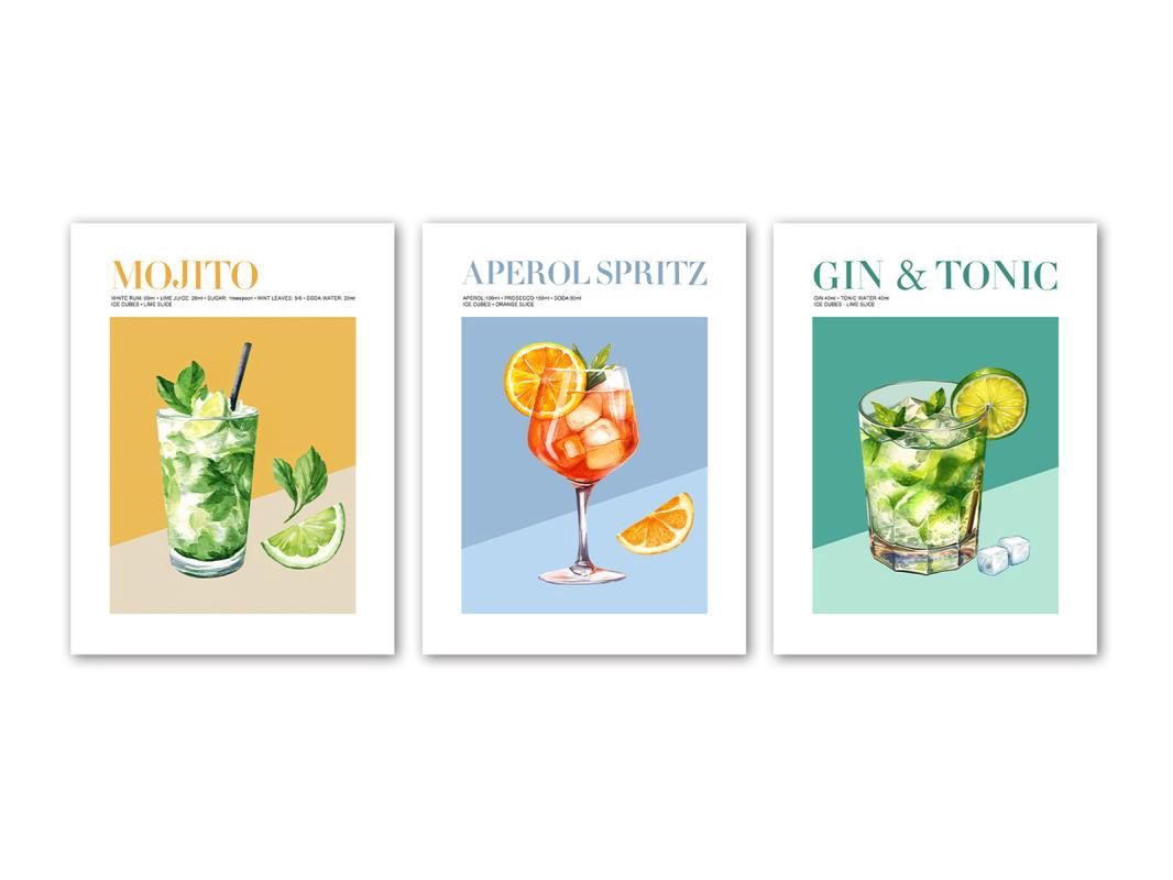 40x50cm Canvas w/Cocktail Design 3 ass