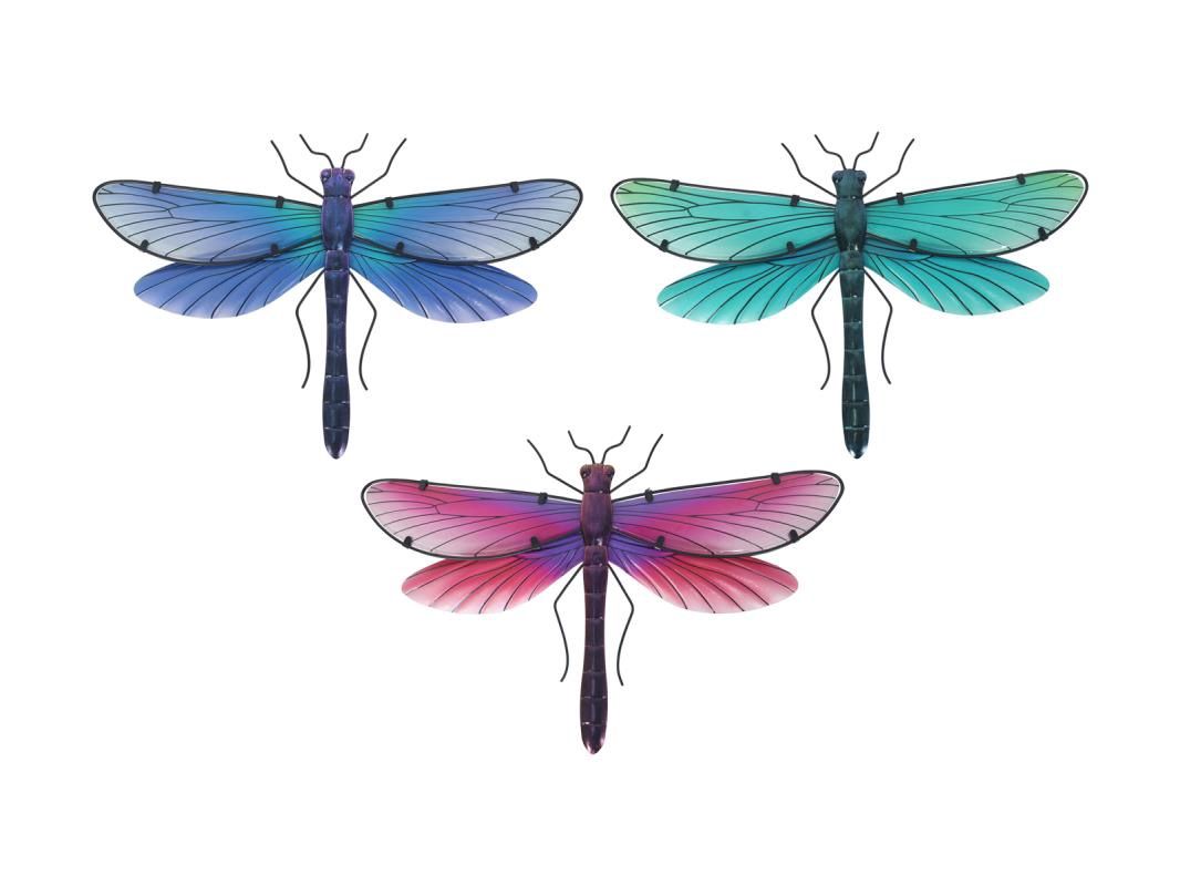 46cm Metal/Glass Dragonfly Wall Art 3 As