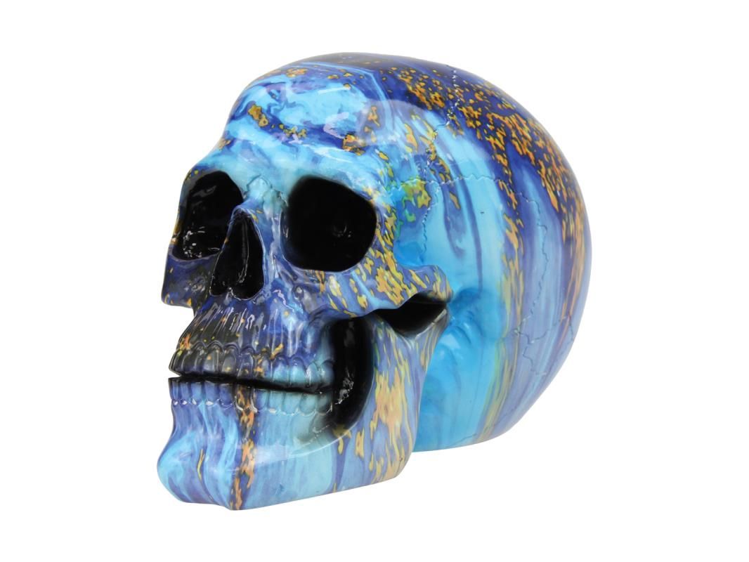 18cm Blue &amp; Gold Marble Finish Skull