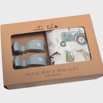 Farm Muslin Wrap &amp; Dusty Blue Pram Clip Set