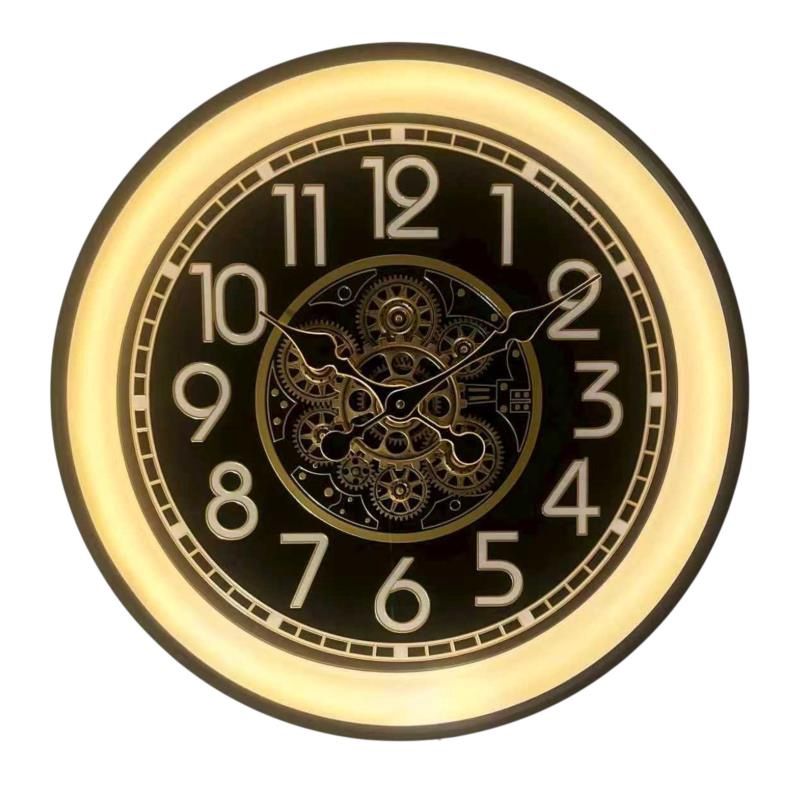 60X60cm Metal Cog Clock w/LED Light Blac