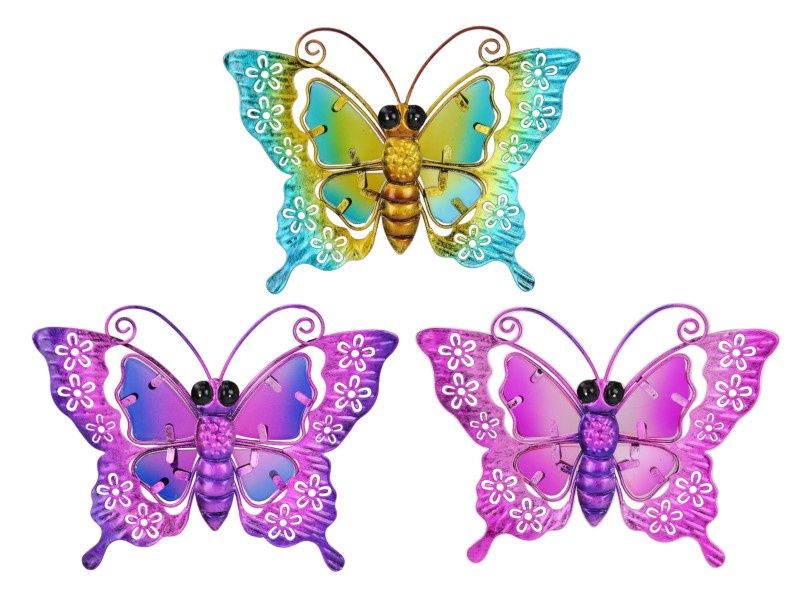 18cm Metal/Glass Butterfly Wall Art 3 As