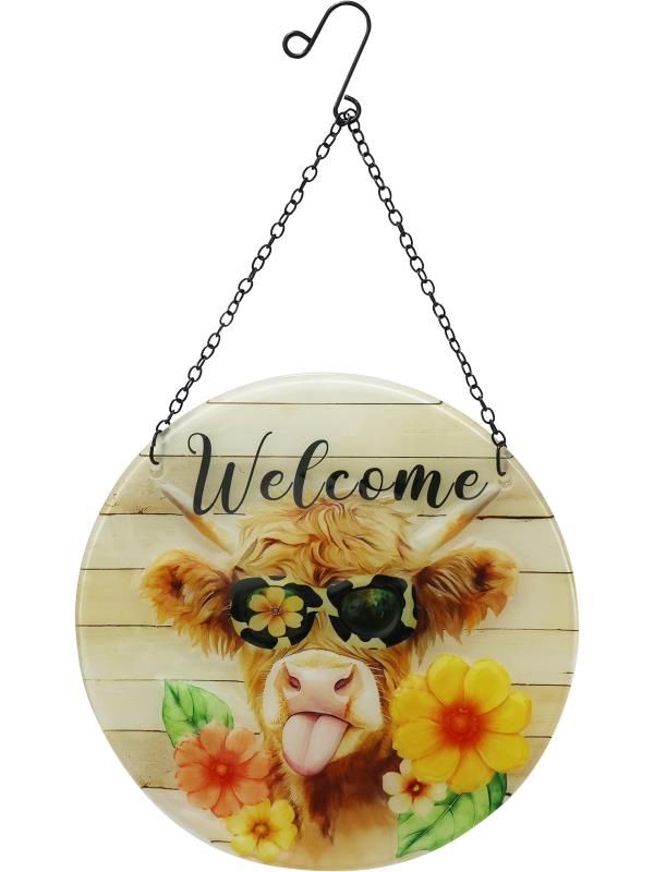 25cm Glass Wall Hanger w/ Highliand Cow