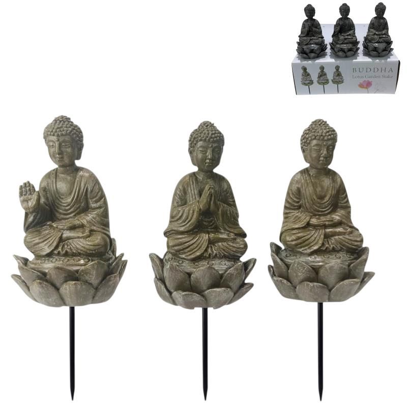 10cm Buddha on Lotus Garden Stake 3 Ass
