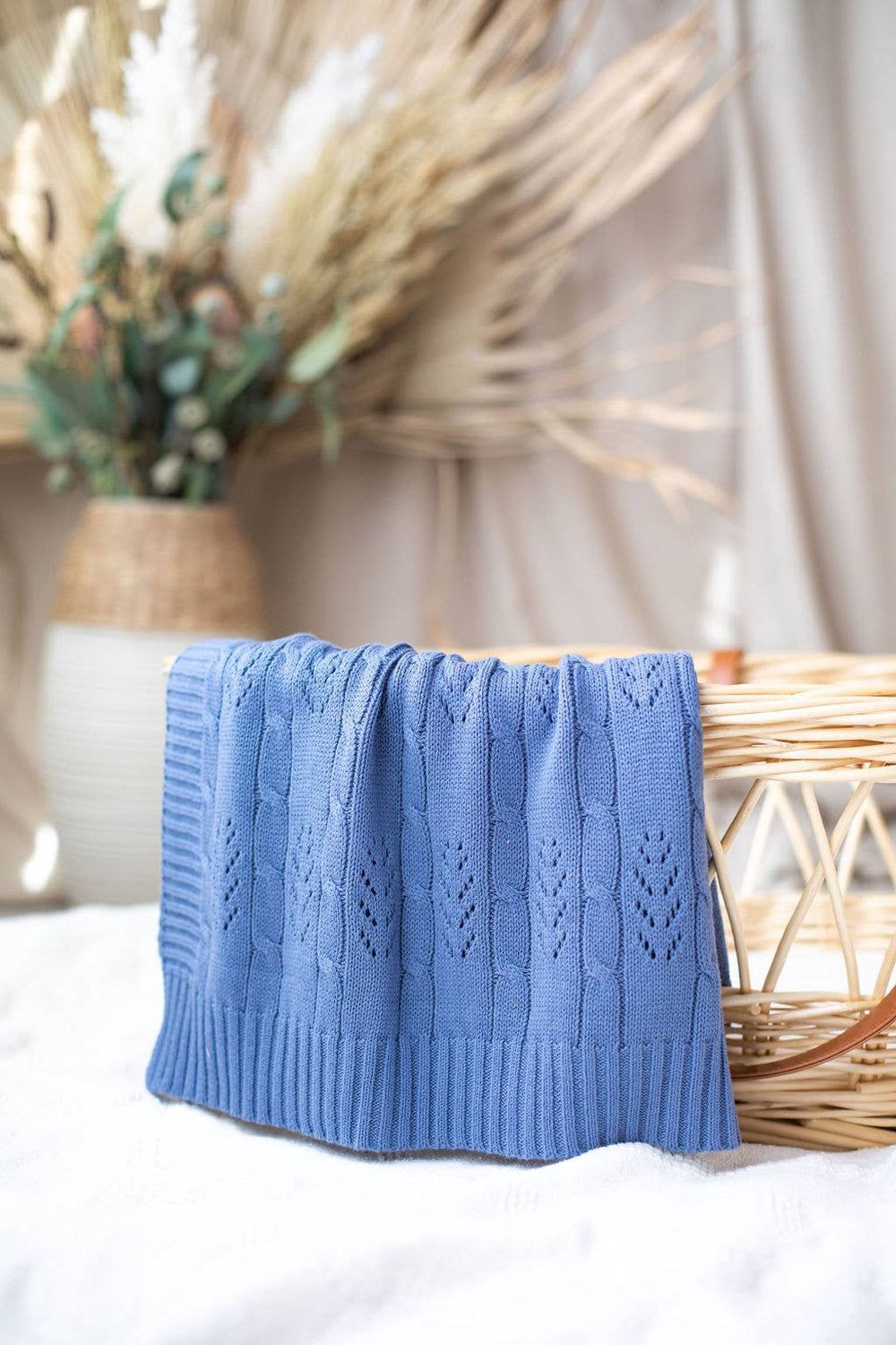 Fern Cotton Knitted Bassinet Blanket: Midnight Blue