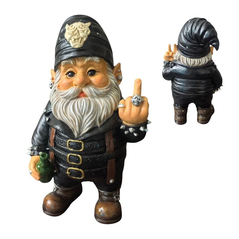 26cm Standing Biker Gnome Flipping bird