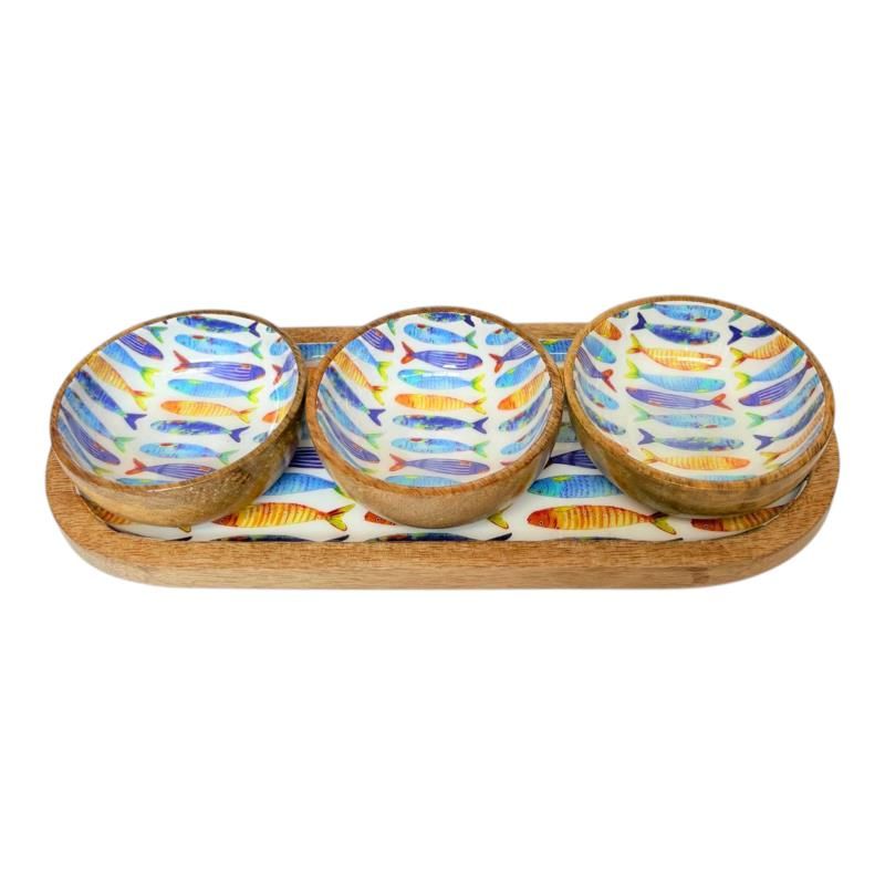 33x13CM Mango Wood Tray w/3 Bowls Fish
