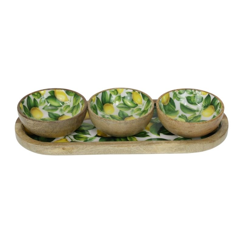 33x13CM Mango Wood Tray w/3 Bowls Lemon