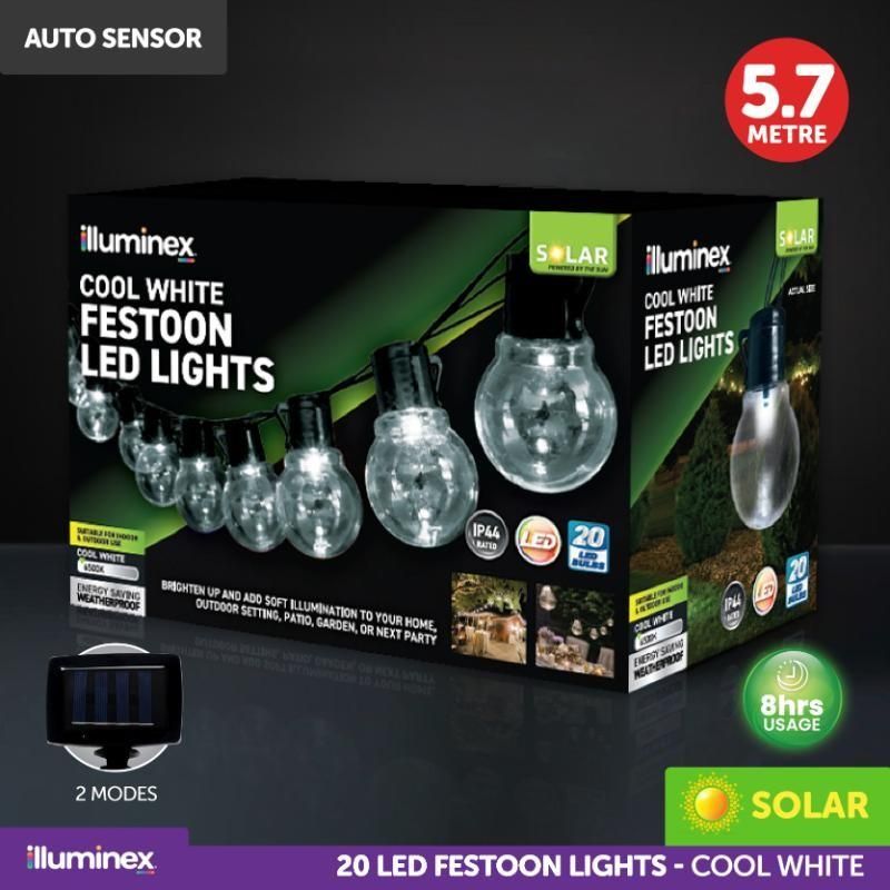 Solar Festoon Cool White Lights 2 Functions 20pk