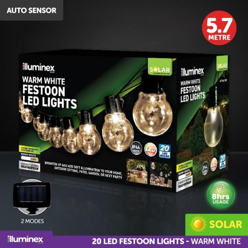 Solar Festoon Warm White Lights 2 Functions 20pk