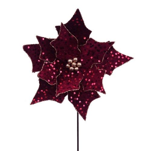 29CM PLUM SEQUIN POINSETTIA W/CHAMPAGNE DETAILS 50CM STEM