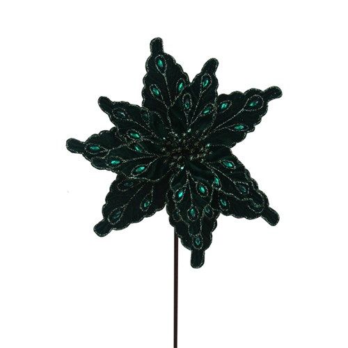 28CM EMERALD GREEN POINSETTIA W/JEWELS 50CM STEM