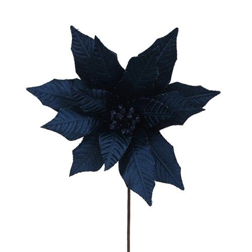 31CM MIDNIGHT BLUE VELVET POINSETTIA W/GLITTER FINISH 50CM STEM