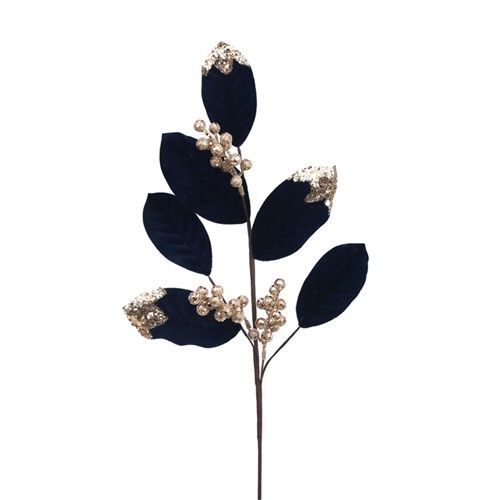 70CM MIDNIGHT BLUE VELVET LEAF W/CHAMPAGNE GLITTER BERRIES