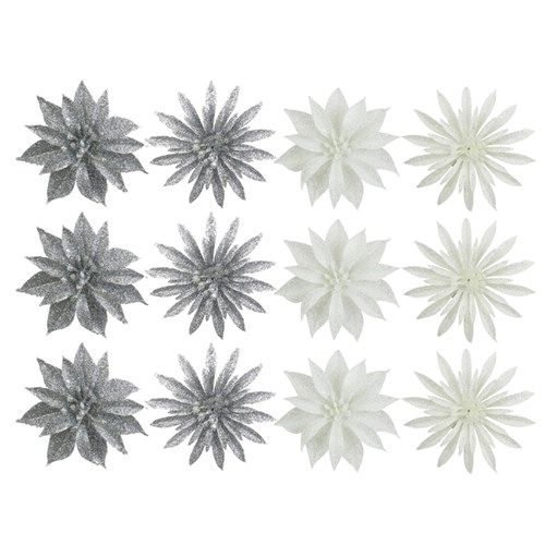 4A 3PK 9.5CM GLITTER FLOWER ARTIC BLUE &amp; GUNMETAL