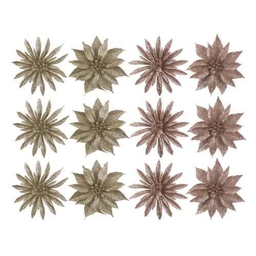 4A 3PK 9.5CM GLITTER FLOWER CHAMPAGNE &amp; ROSE GOLD