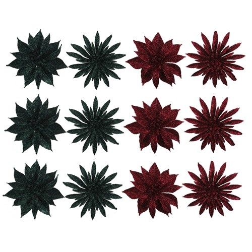 4A 3PK 9.5CM GLITTER FLOWER BURGUNDY &amp; FOREST GREEN